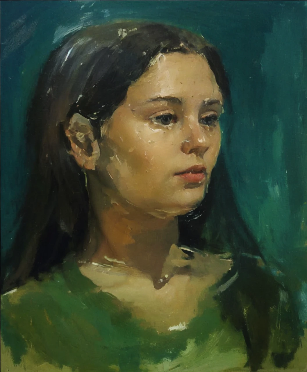 Oil portrait of a young woman, academic painting, bold brush strokes