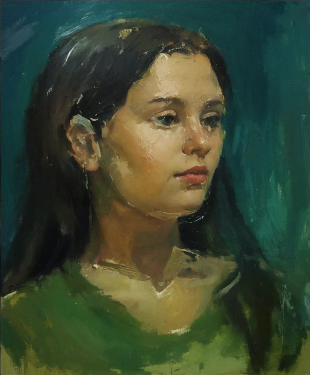 Oil portrait of a young woman, academic painting, bold brush strokes