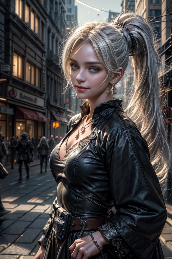(masterpiece, best quality:1.2), cowboy shot, dynamic pose, weissvale, smile, closed mouth, looking at viewer, long white hair, side ponytail, scar above eye, scar below eye, jewelry, necklace, earrings, in city street (future_urban, crowd, (volumetric lighting), intricate details, tonemapping, sharp focus, hyper detailed 