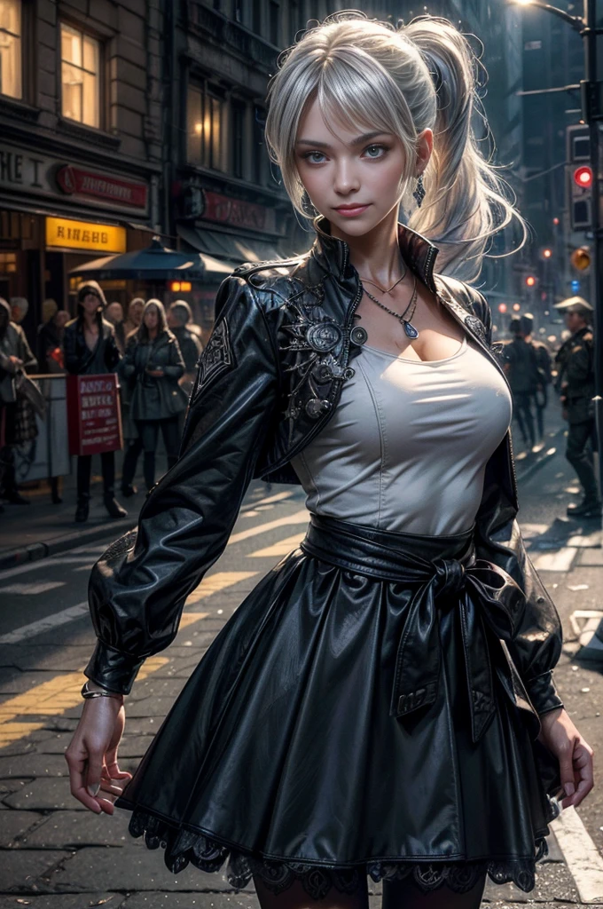 (masterpiece, best quality:1.2), cowboy shot, weissvale, smile, closed mouth, looking at viewer, long white hair, side ponytail, scar above eye, scar below eye, military uniform, jewelry, necklace, earrings, in city street (future_urban, crowd, (volumetric lighting), intricate details, tonemapping, sharp focus, hyper detailed