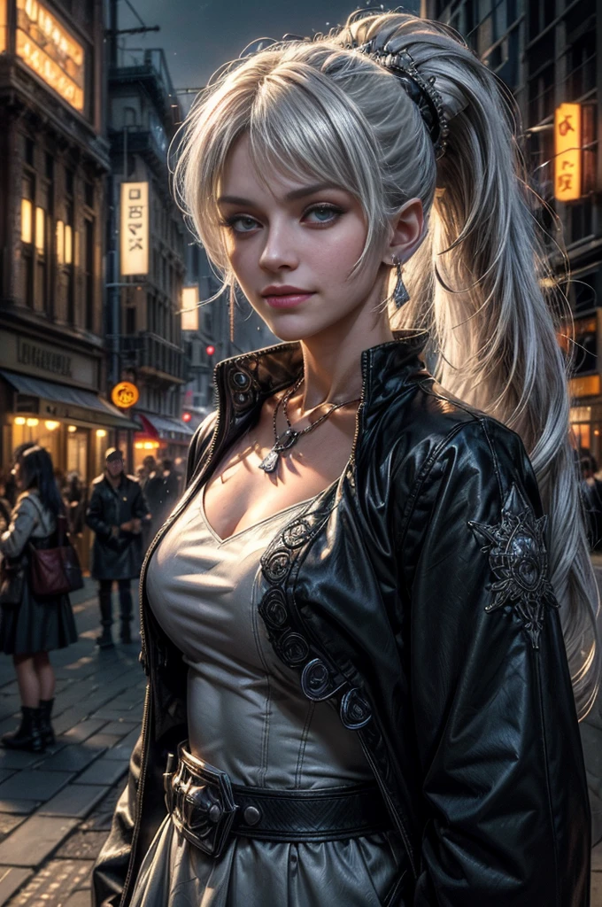 (masterpiece, best quality:1.2), cowboy shot, weissvale, smile, closed mouth, looking at viewer, long white hair, side ponytail, scar above eye, scar below eye, military uniform, jewelry, necklace, earrings, in city street (future_urban, crowd, (volumetric lighting), intricate details, tonemapping, sharp focus, hyper detailed