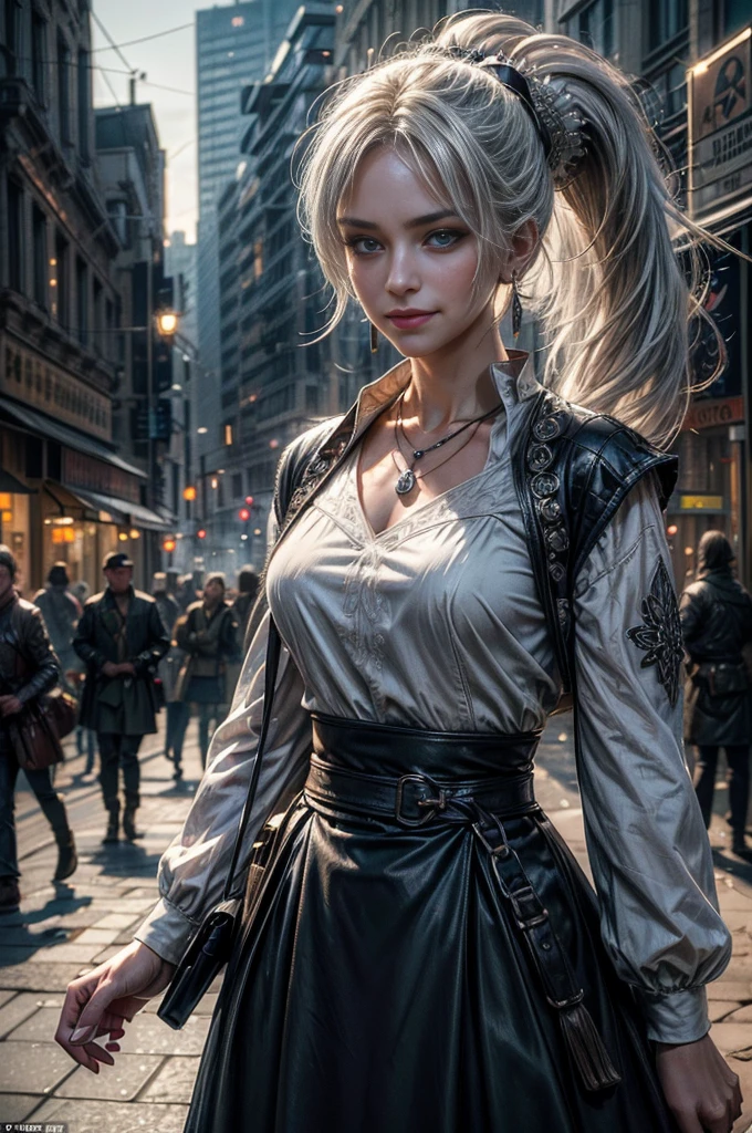 (masterpiece, best quality:1.2), cowboy shot, weissvale, smile, closed mouth, looking at viewer, long white hair, side ponytail, scar above eye, scar below eye, military uniform, jewelry, necklace, earrings, in city street (future_urban, crowd, (volumetric lighting), intricate details, tonemapping, sharp focus, hyper detailed