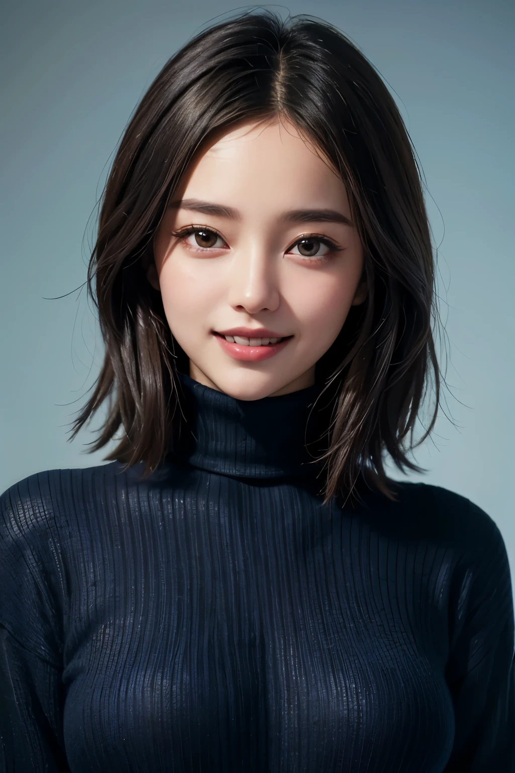 ((masterpiece)), ((Highest quality)), ((Complex)), ((Surreal)), (Realistic), (Mature Woman), ((There are no classes)), Very detailed, (1 female), Beautiful and exquisite, (Beautiful Teeth), Grin, Brunette Bob Hair, Brown eyes, ((Blue turtleneck)), (Upper Body), (background:none), Perfect Eyes, Captivating eyes, Looking at the audience