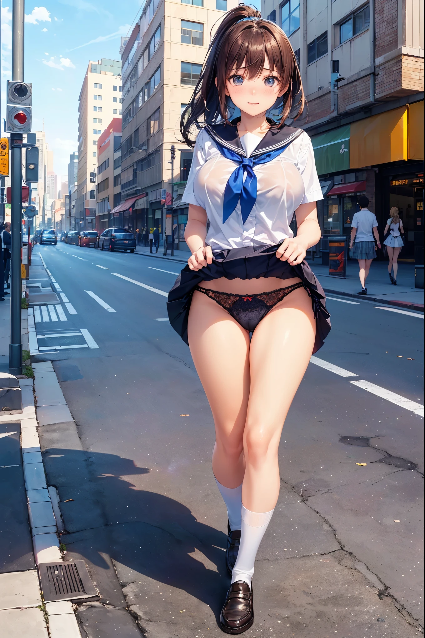 (((masterpiece, Highest quality, High resolution, 超High resolution, Perfect Pixel, Depth of written boundary, 4K, RTTX 10.0, High resolution))), Beautiful Anime Woman, Beautiful art style, Anime characters, ((Long Hair, bangs, Dark brown hair, ponytail)), ((Beautiful eyelashes)), ((Detailed face, blushする:1.2)), ((Smooth texture, Realistic texture, Anime CG Style)), Exact finger count、Exact number of legs、(Exact number of arms:1.0, Exact number of hands:1.0), (Perfect hands, Perfect Anatomy), Realistic, Highest quality, High resolution, 非常にDetailed face, Perfect lighting, Extremely detailed CG, Morning sun-like lighting, whole body, Perfect body, (Slender body:1.2), (An adult woman is walking while lifting her skirt with her hands.:1.4), (Fashionable white shirt, Sailor collar, Navy blue knee socks, loafers, Navy pleated mini skirt:1.3), (Stylish shiny light blue satin panties, Side-tie light blue panties, Panties with plain light blue in the center and black lace on the sides:1.3)), , (Beautiful and big breasts:1.2), (Beautiful and thin thighs:1.3), Feeling embarrassed, (blush:1.2), (Very embarrassed look:1.4), A very patient expression, (Urban hustle and bustle, Buildings on the background, Sidewalk, Intersection in the background, In the background, a large number of people dressed in clothes々:1.4), Her light blue bra is visible through the fabric