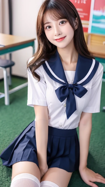 ((Highest quality、8k、masterpiece:1.3))、(School classroom)、sailor suit、((over the knee socks))、loafers,high school student、Japanese women,(Anatomically correct body)、(Perfect Body Beauty:1.2)、Highly detailed beautiful face、Beautiful skin texture、(Cute smile)、Beautiful Eyes、double eyelid、(Large Breasts)、Beautiful long legs、(Looking into the camera)、(skirt lift:1.3), (from bottom:1.3)