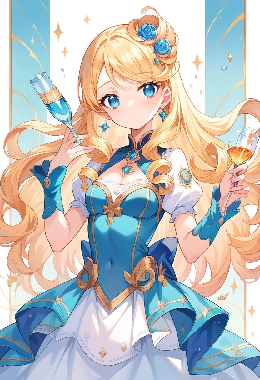 masterpiece, best quality, extremely detailed,anime, A girl, an aristocrat, a young lady, blonde, with curly hair, long hair, holding an expensive glass, (Transparent water is being poured into her glass)