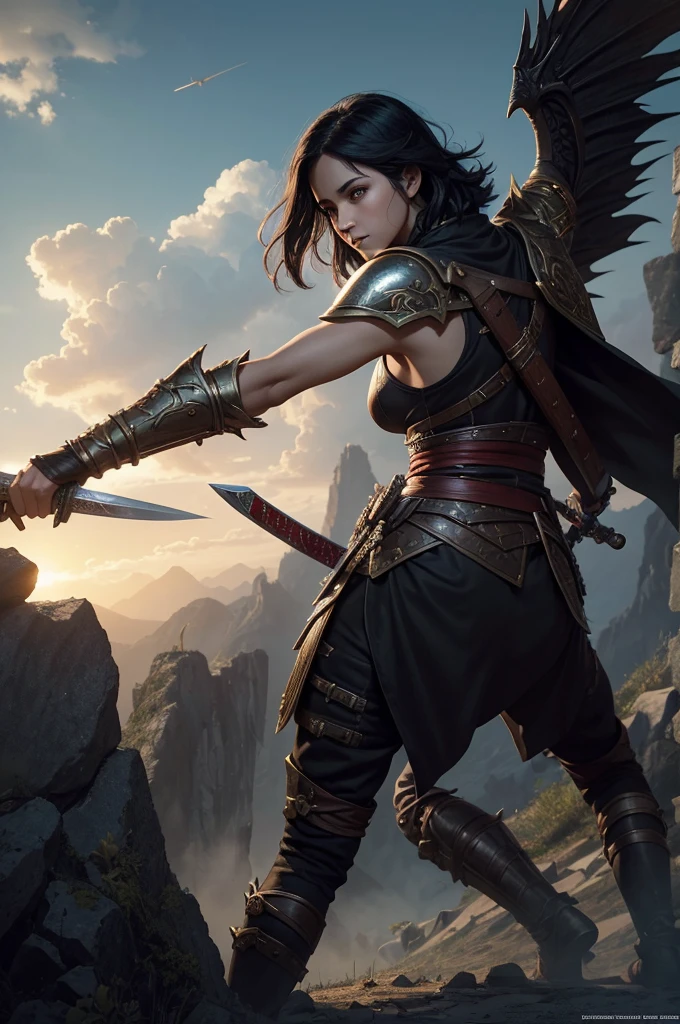 1Arafed image of a boy holding a book Japanese sword, Super handsome boy,Black eyes,Black hair short bob hair,black and red demon slayer,graphic artist magali villeneuve, epic fantasy digital art style, inspired by Magali Villeneuve, Trending in art stations, fantasy demon slayer, 超A high resolution,super realistic skin,epic fantasy style art, magali villeneuve, fantasy paladin, magali villeneuve, epic fantasy art style, fantasy art ruins,Battle scenery,battle field,Rugged look,direct one's gaze toward the viewer,