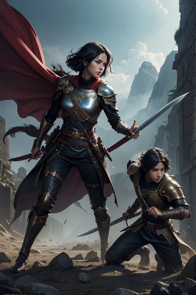 1Arafed image of a boy holding a book Japanese sword, Super handsome boy,Black eyes,Black hair short bob hair,black and red demon slayer,graphic artist magali villeneuve, epic fantasy digital art style, inspired by Magali Villeneuve, Trending in art stations, fantasy demon slayer, 超A high resolution,super realistic skin,epic fantasy style art, magali villeneuve, fantasy paladin, magali villeneuve, epic fantasy art style, fantasy art ruins,Battle scenery,battle field,Rugged look,direct one's gaze toward the viewer,