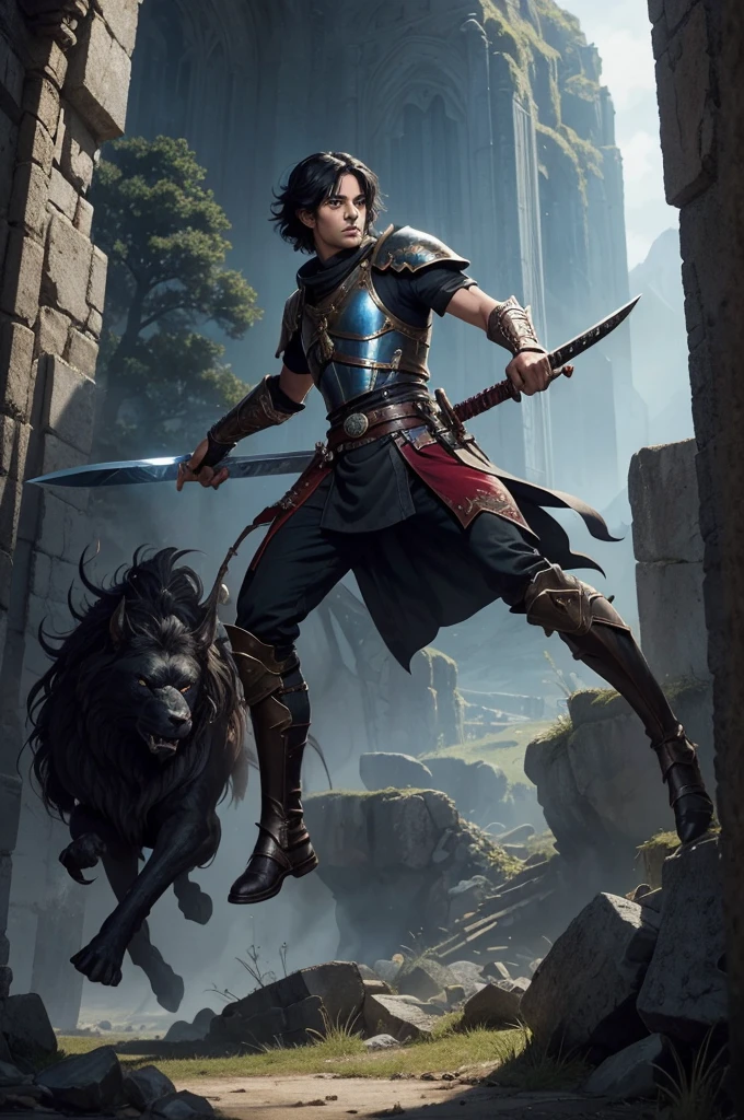 1Arafed image of a boy holding a book Japanese sword, Super handsome boy,Black eyes,Black hair short bob hair,black and red demon slayer,graphic artist magali villeneuve, epic fantasy digital art style, inspired by Magali Villeneuve, Trending in art stations, fantasy demon slayer, 超A high resolution,super realistic skin,epic fantasy style art, magali villeneuve, fantasy paladin, magali villeneuve, epic fantasy art style, fantasy art ruins,Battle scenery,battle field,Rugged look,direct one's gaze toward the viewer,