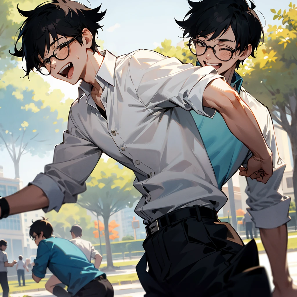male , Glasses,Short Hair,Laughter, Black hair，Daytime，Park Background，