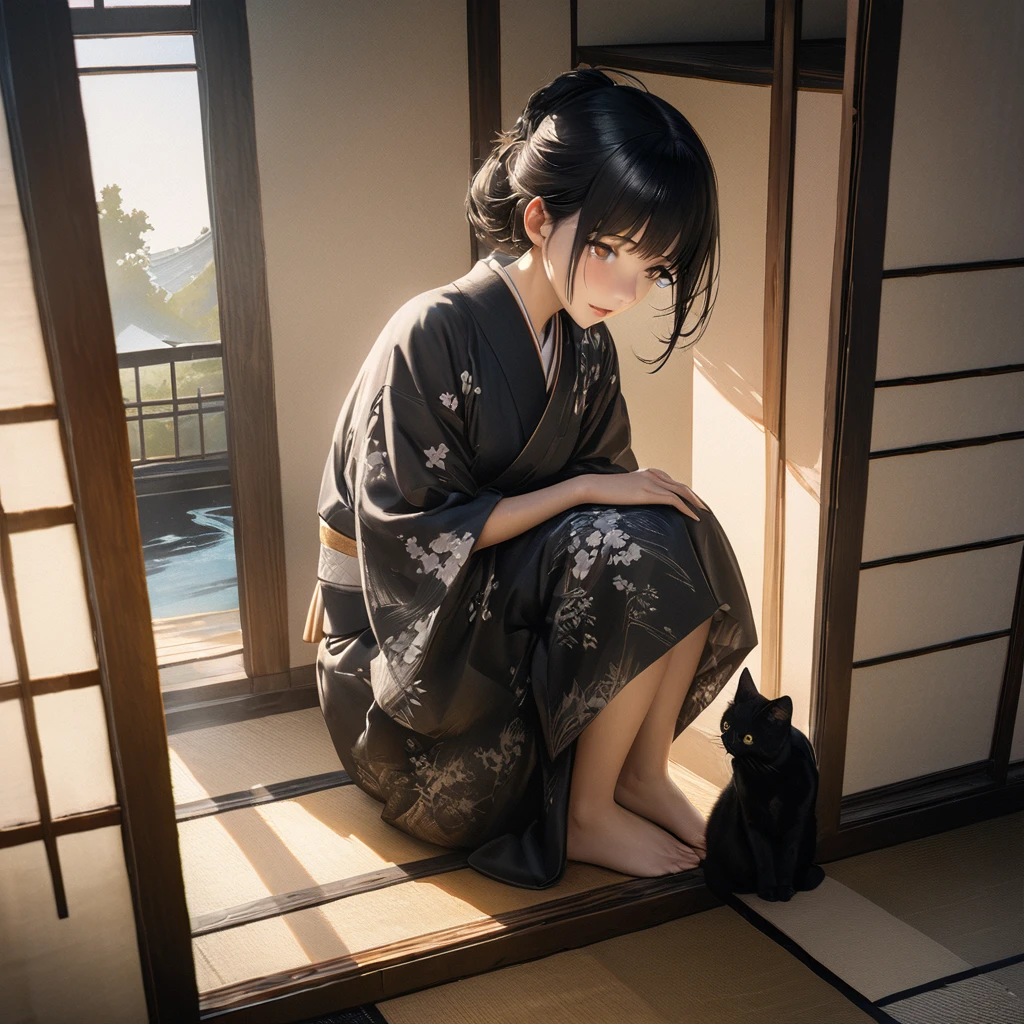 Girl with a cat, Ink Painting, In the tranquility of a traditional Japanese room, A girl wearing a kimono is sitting upright, Her eyes were fixed on the black cat that was perched on the window pane.. , Panoramic View, 8k,((masterpiece:1.4, Highest quality)), Black Hair, Brown eyes, (Depth of written boundary:1.3), Lower Body, High quality scenes, Vivid and photorealistic, Super detailed, 8k, masterpiece, elegant, Beautiful summer sky, Warm atmosphere, Clear lines, Official Art, Professional, Ultra high definition