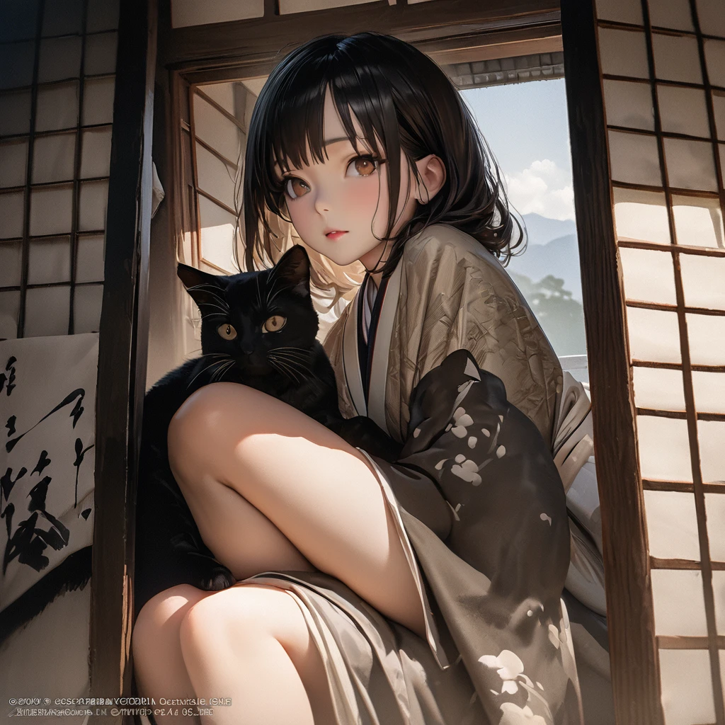 Girl with a cat, Ink Painting, In the tranquility of a traditional Japanese room, A girl wearing a kimono is sitting upright, Her eyes were fixed on the black cat that was perched on the window pane.. , Panoramic View, 8k,((masterpiece:1.4, Highest quality)), Black Hair, Brown eyes, (Depth of written boundary:1.3), Lower Body, High quality scenes, Vivid and photorealistic, Super detailed, 8k, masterpiece, elegant, Beautiful summer sky, Warm atmosphere, Clear lines, Official Art, Professional, Ultra high definition