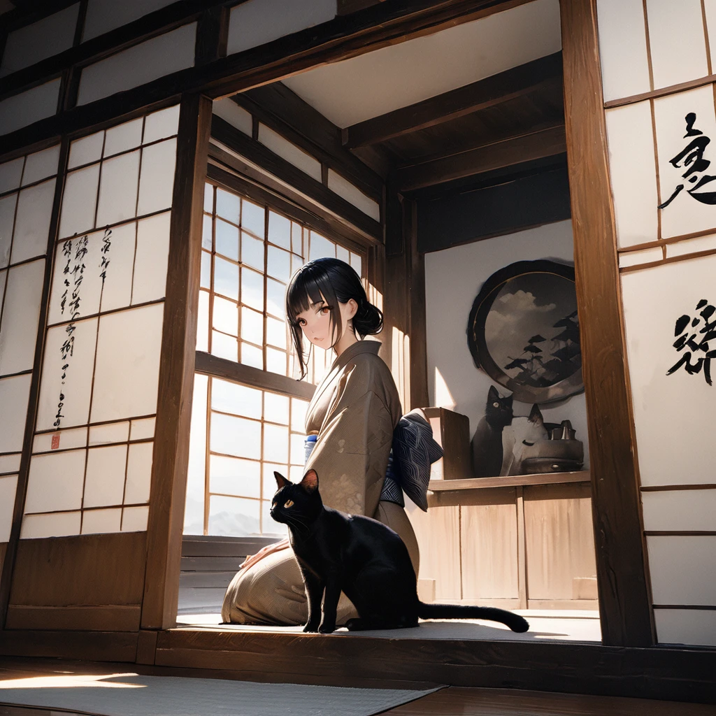 Girl with a cat, Ink Painting, In the tranquility of a traditional Japanese room, A girl wearing a kimono is sitting upright, Her eyes were fixed on the black cat that was perched on the window pane.. , Panoramic View, 8k,((masterpiece:1.4, Highest quality)), Black Hair, Brown eyes, (Depth of written boundary:1.3), Lower Body, High quality scenes, Vivid and photorealistic, Super detailed, 8k, masterpiece, elegant, Beautiful summer sky, Warm atmosphere, Clear lines, Official Art, Professional, Ultra high definition