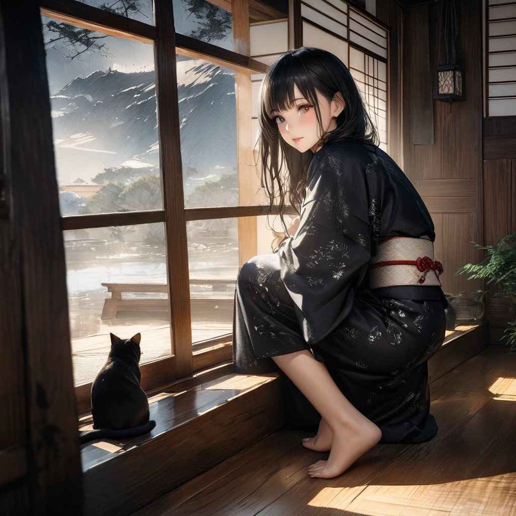 Girl with a cat, Ink Painting, In the tranquility of a traditional Japanese room, A girl wearing a kimono is sitting upright, Her eyes were fixed on the black cat that was perched on the window pane.. , Panoramic View, 8k,((masterpiece:1.4, Highest quality)), Black Hair, Brown eyes, (Depth of written boundary:1.3), Lower Body, High quality scenes, Vivid and photorealistic, Super detailed, 8k, masterpiece, elegant, Beautiful summer sky, Warm atmosphere, Clear lines, Official Art, Professional, Ultra high definition
