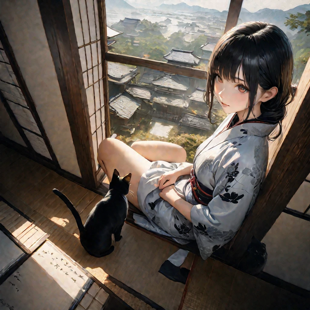 Girl with a cat, Ink Painting, In the tranquility of a traditional Japanese room, A girl wearing a kimono is sitting upright, Her eyes were fixed on the black cat that was perched on the window pane.. , Panoramic View, 8k,((masterpiece:1.4, Highest quality)), Black Hair, Brown eyes, (Depth of written boundary:1.3), Lower Body, High quality scenes, Vivid and photorealistic, Super detailed, 8k, masterpiece, elegant, Beautiful summer sky, Warm atmosphere, Clear lines, Official Art, Professional, Ultra high definition