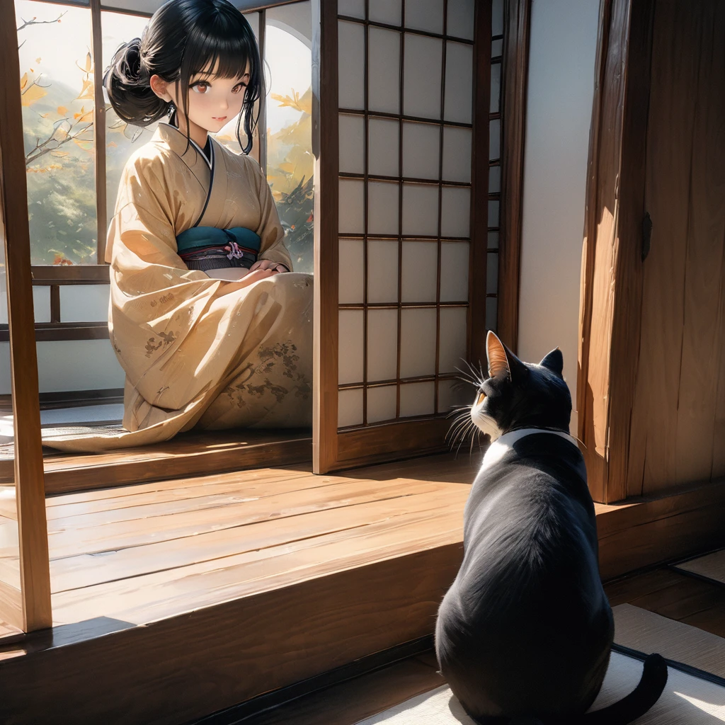 Girl with a cat, Ink Painting, In the tranquility of a traditional Japanese room, A girl wearing a kimono is sitting upright, Her eyes were fixed on the black cat that was perched on the window pane.. , Panoramic View, 8k,((masterpiece:1.4, Highest quality)), Black Hair, Brown eyes, (Depth of written boundary:1.3), Lower Body, High quality scenes, Vivid and photorealistic, Super detailed, 8k, masterpiece, elegant, Beautiful summer sky, Warm atmosphere, Clear lines, Official Art, Professional, Ultra high definition