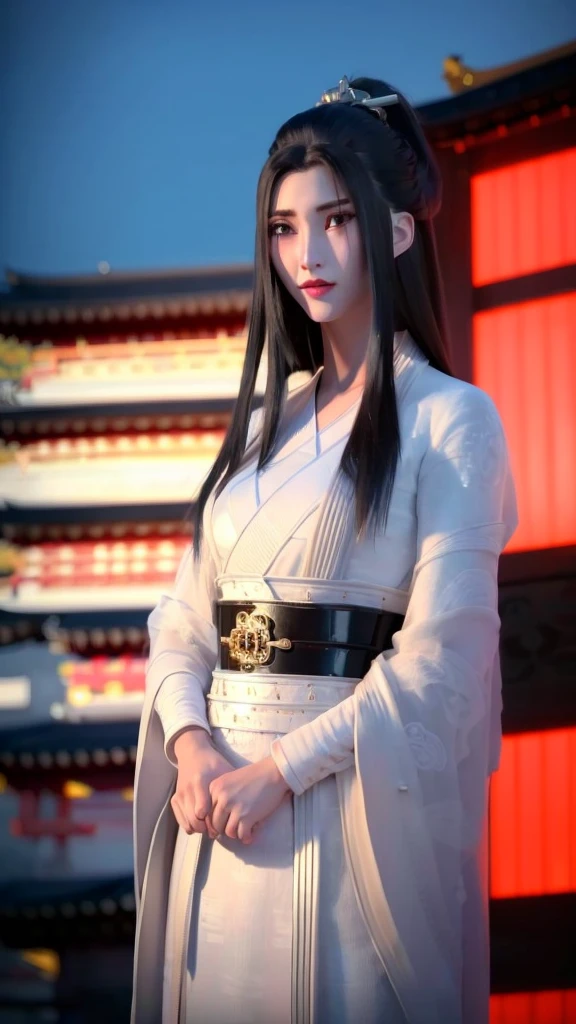 1 Girl, architecture学, Black Hair, Brown eyes, architecture, City, City lights, Cityscape, east asian architecture学, Japanese clothes, kimono, Long hair, Looking at the audience, night, Red lips, Skyscraper, Solitary, Upper Body