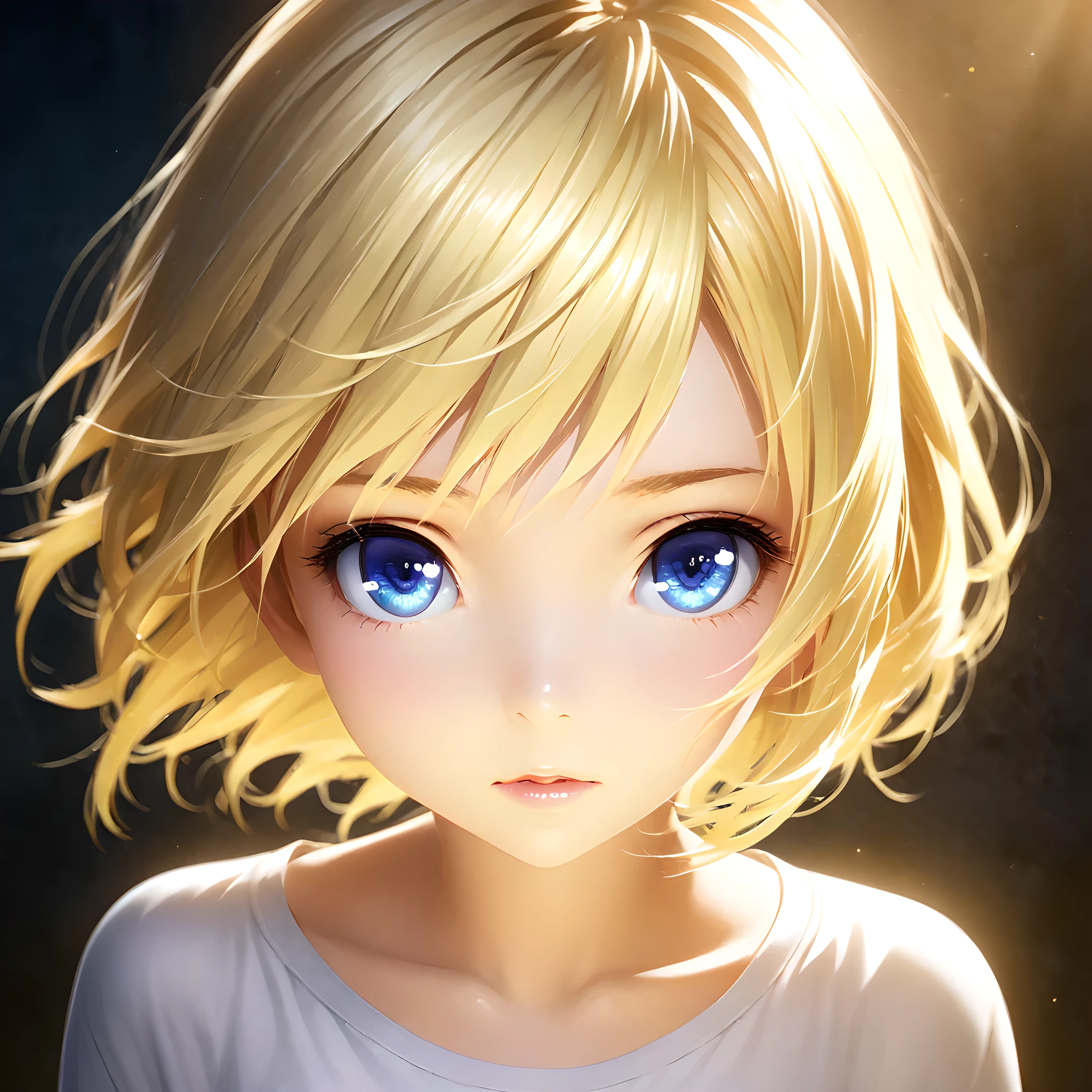 portrait, Practical, blue eyes, Blonde hair, Mid-chest, 4K resolution, High quality CG, Beautiful CG, Soft Light, Octane Rendering, white t-shirt, front, direct gaze, frontal view, headshot