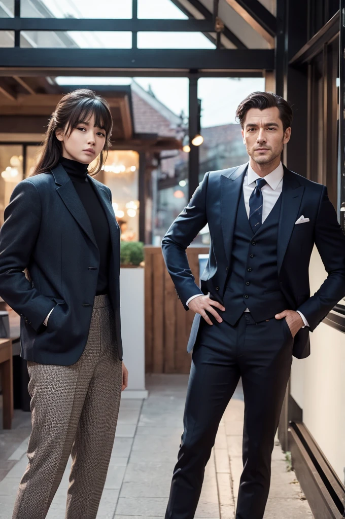 ,(RAW photo:1.2), (Photorealistic:1.4),Beautiful and meticulous couple, very detailed eyes and faces, A detailed eye, ultra - detailed, A high resolution, The is very detailed,best qualtiy,illustratio,unified,8k 壁纸,tmasterpiece,best qualtiy,A couple on the street,1 man,1 woman,Height difference,Short men and tall women,Man wearing suit trousers,long trousers,Ladies wear dresses,Fashionab,a skirt,Double,exteriors,looking at viewert,are standing,full bodyesbian