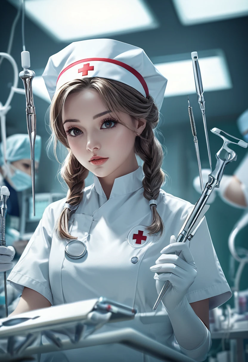 The perfect anatomical structure of a young and beautiful female nurse，Wearing a white coat，Wear medical gloves，Wearing a nurse's hat，in the operating room，Hands holding surgical tools. There are many medical surgical instruments in the background. Complex style work with large depth of field and cinematic processing., Cinematic mood lighting creates dramatic effect Highly detailed structure digital art, high detail, High quality animation style