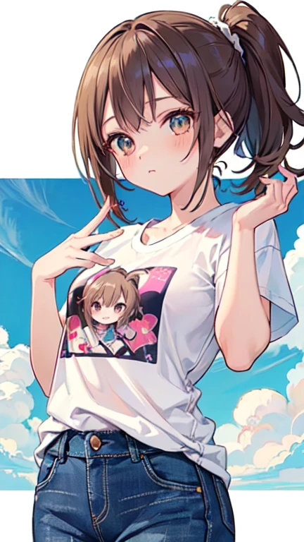 Highest quality, masterpiece, Ultra-high resolution, 8k, Summer sky, early summer, (((Summer clothing)), Show anime style , One, Soft Line Art, Digital Enhancement, shojo anime touch, shojo manga core, Flowing fabric, close, Soft Drawing, Ultra-Definition Digital Anime Art, Clear facial depiction, Super detailed girl cartoon character art, Ultra-detailed manga style, Highest qualityの色,1 female,24-years-old, Brown haired woman,Woman with short ponytail,Ultra-detailed clear brown eyes,Body type is slightly chubby,Small breasts,A plain white T-shirt and jeans