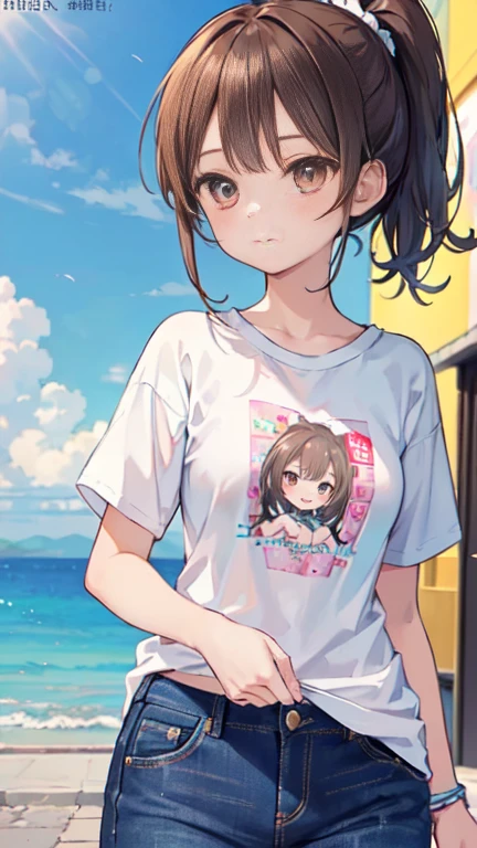 Highest quality, masterpiece, Ultra-high resolution, 8k, Summer sky, early summer, (((Summer clothing)), Show anime style , One, Soft Line Art, Digital Enhancement, shojo anime touch, shojo manga core, Flowing fabric, close, Soft Drawing, Ultra-Definition Digital Anime Art, Clear facial depiction, Super detailed girl cartoon character art, Ultra-detailed manga style, Highest qualityの色,1 female,24-years-old, Brown haired woman,Woman with short ponytail,Ultra-detailed clear brown eyes,Body type is slightly chubby,Small breasts,A plain white T-shirt and jeans