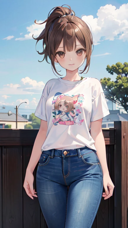 Highest quality, masterpiece, Ultra-high resolution, 8k, Summer sky, early summer, (((Summer clothing)), Show anime style , One, Soft Line Art, Digital Enhancement, shojo anime touch, shojo manga core, Flowing fabric, close, Soft Drawing, Ultra-Definition Digital Anime Art, Clear facial depiction, Super detailed girl cartoon character art, Ultra-detailed manga style, Highest qualityの色,1 female,24-years-old, Brown haired woman,Woman with short ponytail,Ultra-detailed clear brown eyes,Body type is slightly chubby,Small breasts,A plain white T-shirt and jeans