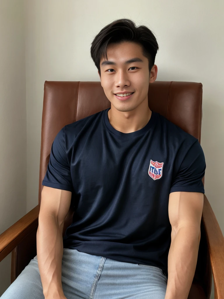 NSFW: 1.5, (As a matter of fact, Masterpiece, 8k HD, good light quality, Navy blue sportswear, fit the face, complicated details), A handsome, muscular young Korean man sits on a chair with muscular arms. , 20 years old, be happy, smile brightly, detailed face, delicate eyes, look at the sky, Wear a tight blue t-shirt.:1.6 , jeans period, black eyes, Black hair color, ผมsmooth, smooth，Surreal，Superb details，Highest quality，real，Open your mouth to talk. , Close your eyes., (standing in the football field:1.1),