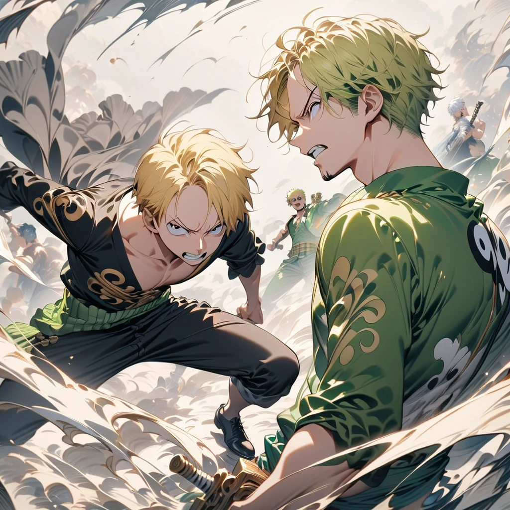 (masterpiece, best quality), intricate details, 2 boys, zoro and sanji, age 19, zoro's green and sanji's yellow hair, zoro and sanji \(one piece\), full body and elements in the frame, plain background, medium contrast, subject fully visible, full subject in frame, fighting with their own iconic styles