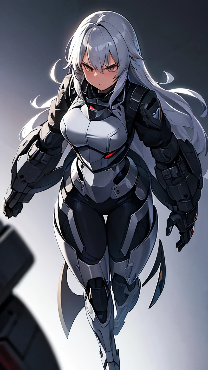 1girl, silver hair, mecha suit, vest, big size, formal, villain, angry