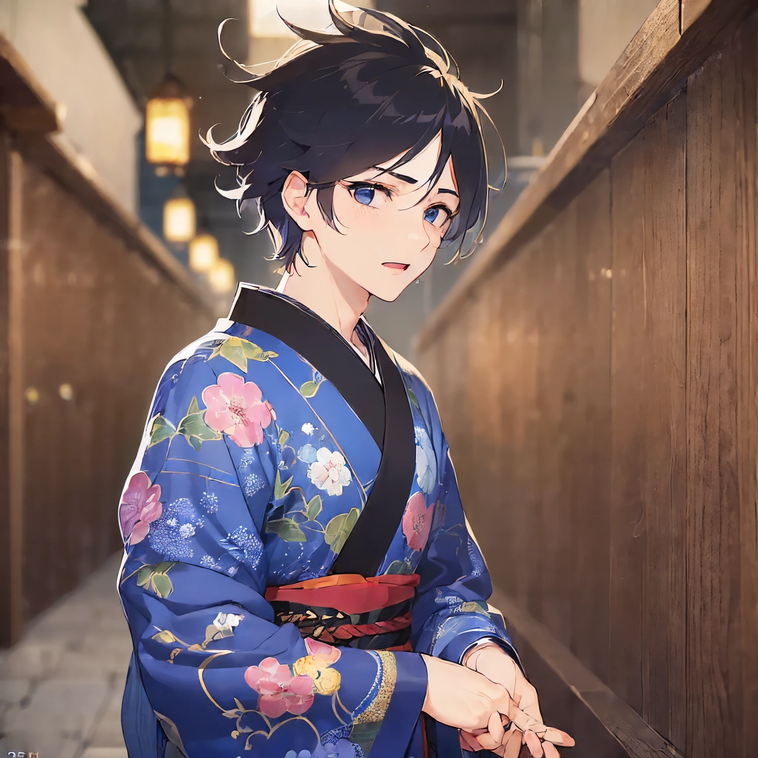 (25-year-old male:2) and(Black short hair) and (blue eyes),  (looking away:1.5), upper body、reach out、Side shot、
masterpiece、Highest quality、
(Blue) and (yukata),(flustered:1.5),open mouth,The background is a Japanese-style corridor at night,