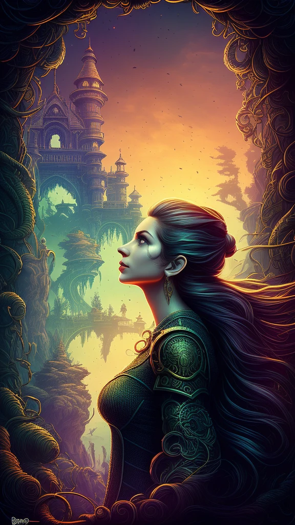 (better lighting, best shade, work of art, high qualiy), in profile (beautiful girl , 18-years old , looking at the horizon , with flowing dread hair :1.1) portraite, Florest dark, waterfall, sunset, sharp symmetrical art, Dan mumford style, hdr, 真实感, dark fantasy atmosphere, Lovecraft style, (JimJorCrafLogo art style:1.3), (close up view)