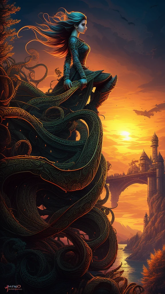 (better lighting, best shade, work of art, high qualiy), in profile (beautiful girl , 18-years old , looking at the horizon , with flowing dread hair :1.1) portraite, Florest dark, waterfall, sunset, sharp symmetrical art, Dan mumford style, hdr, 真实感, dark fantasy atmosphere, Lovecraft style, (JimJorCrafLogo art style:1.3), (close up view)