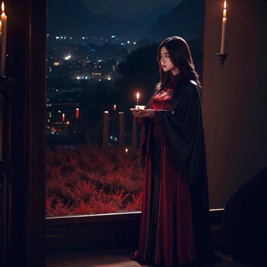  Mysterious Concept - Style: A Korean girl with straight brown hair, She wears a long black and red dress with lace and a velvet cape.. Her makeup is dark and enigmatic..
     - Scenery: An abandoned castle with burning candles and dancing shadows.
Is a kpop photo concept