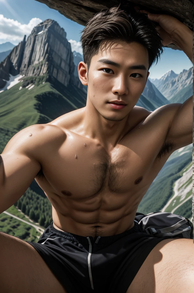 Masterpiece, best quality, high resolution, close up portrait, focus man, Focus only, Young Asian Man, pretty shirtless Sweating hairy guy hiking, Looking down at the camera angle, bleached blonde hair, 25 years old, Hiking and climbing, View from below, dirty, close up, Interesting view., thin and lean body, The face is beautiful, cute and masculine., Beaming, สวมเป้เดินป่าจ็อกสแตรปสีขาวdirty, Spread legs, dirty, Sweating, Hairy legs, thin, half naked, bare chest, There are mountains in the background., hiking trail, outdoor, View from below, amazing composition, HDR, Volumetric light, Special quality, elegant, Highly detailed