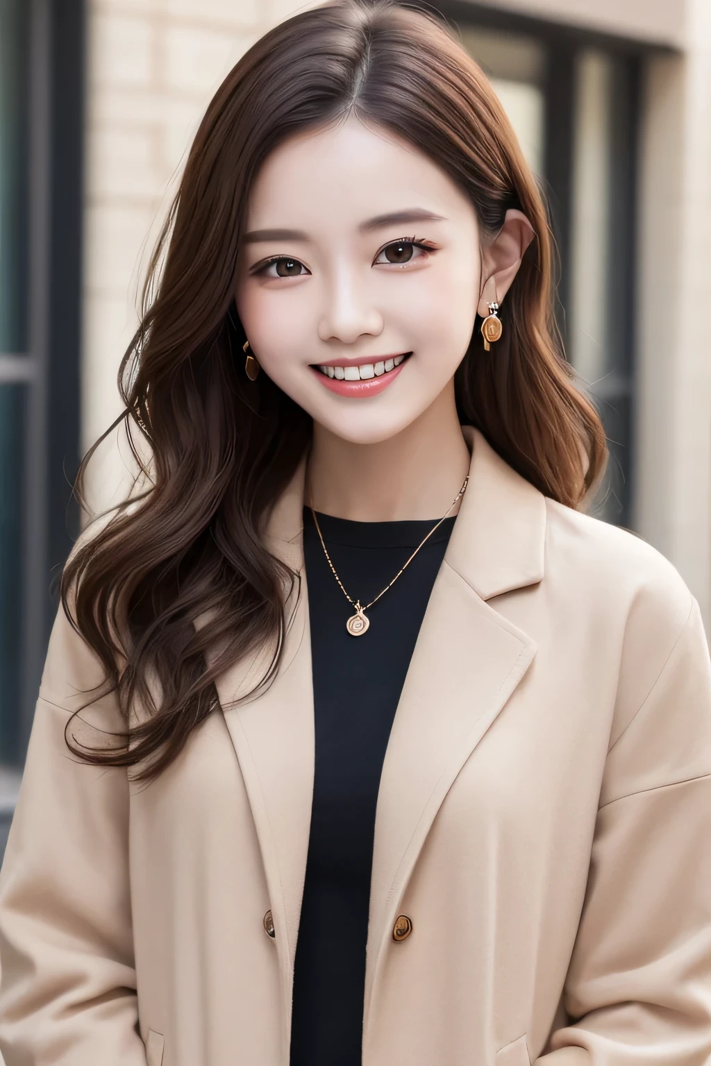 Highest quality, ,smile、Beautiful teeth alignment、Light brown hair、hairstyle semi long、Wavy Hair、Dark eyeliner、Jacket、shirt、ear piercing、necklace,、The background is the building's corridor.