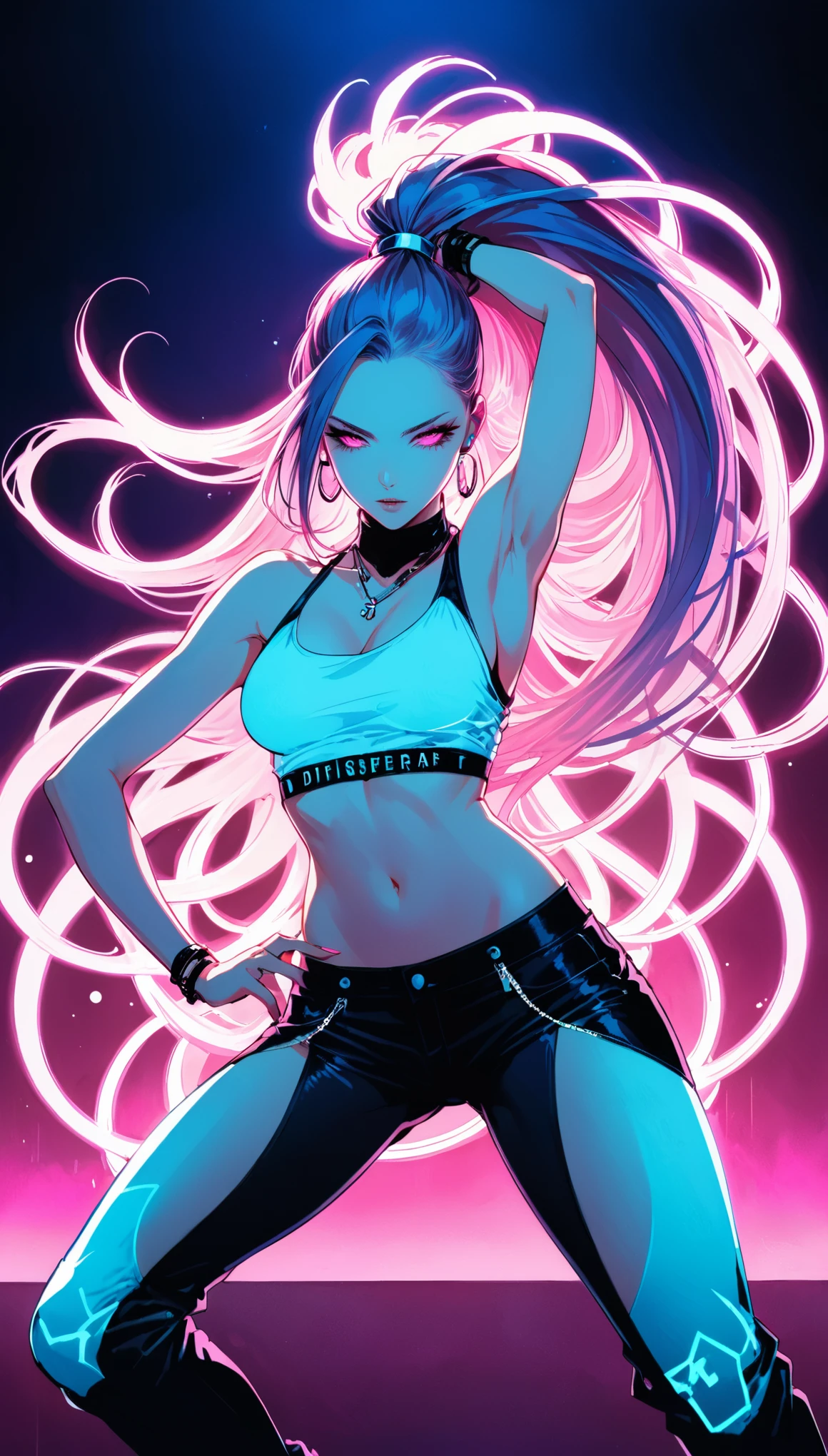 (in style of Harry Clarke:0.4)，in style of Santiago Caruso,in style of Mike Azevedo，1girl，Sexy hip-hop style clothing，Dynamic poses，Hip-hop pose，superstar,High Ponytail，Unbelievably long hair, (Diffuse gradient color darkblue to light pink glowing neon light),A dominant high-contrast proposition