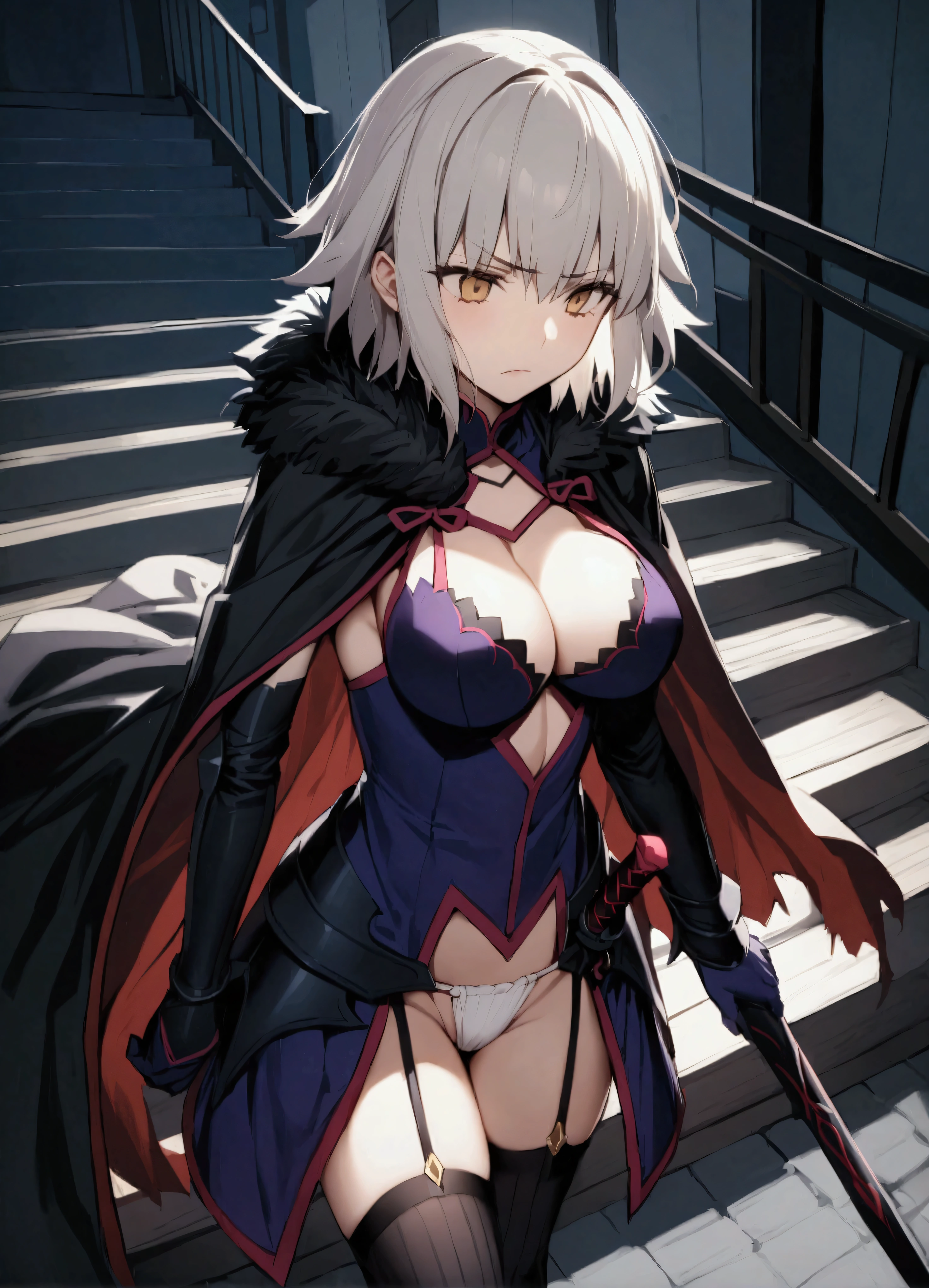 score_9、score_8_up、score_7_up、2d、Expressive、
1 girl、solo
、Mature Woman、night、Are standing、Walking down the stairs
、mist、Long Hair、Large Breasts、黒いarmor、Thigh-high fishnet stockings、Cape、Spear in right hand、Van、Thigh boots、Fundoshi Jeanne d'Arc Alter / (Fate Grand Order/)
short hair、Headpiece、armor、armor付きdress、黒のKnee socks、Cape、dress、Fur trim、Fur trimのCape、Frowning、sheath、ショートdress、Knee socks、Torn clothes、