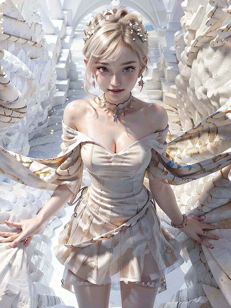 8k,Confused, High resolution, Very detailed, 1 girl, alone, Very beautiful eyes, Ultra-precise depiction, Artistic、Very detailed depiction, (Tangled:1.2), , (White high key background:1.5), (((Red off-shoulder dress 1.5))), 、 short hair、Earrings and Necklaces、Platinum Blonde Hair, (Glowing Skin), Many colors, , (Shooting from above:1.2),、Flat Body、slim、cute、、Round face、Cast a Shadow、、Smile 1.3