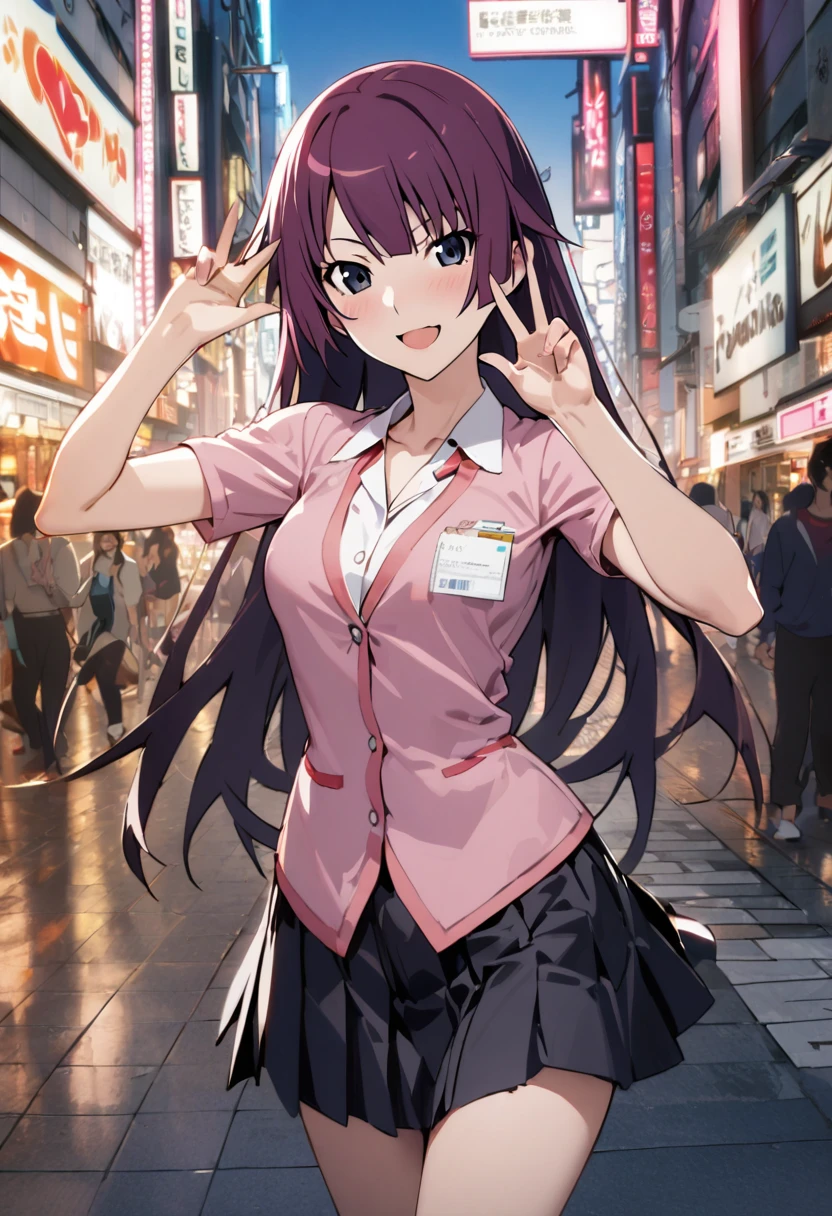 1girl, senjougahara hitagi, monogatari \(series\), white collared shirt,shortsleeves,pleats skirt,three fingers up,prank smile,in the shibuya,dating with compensation (payments, financial support, etc.),masterpiece, best quality, absurdres,