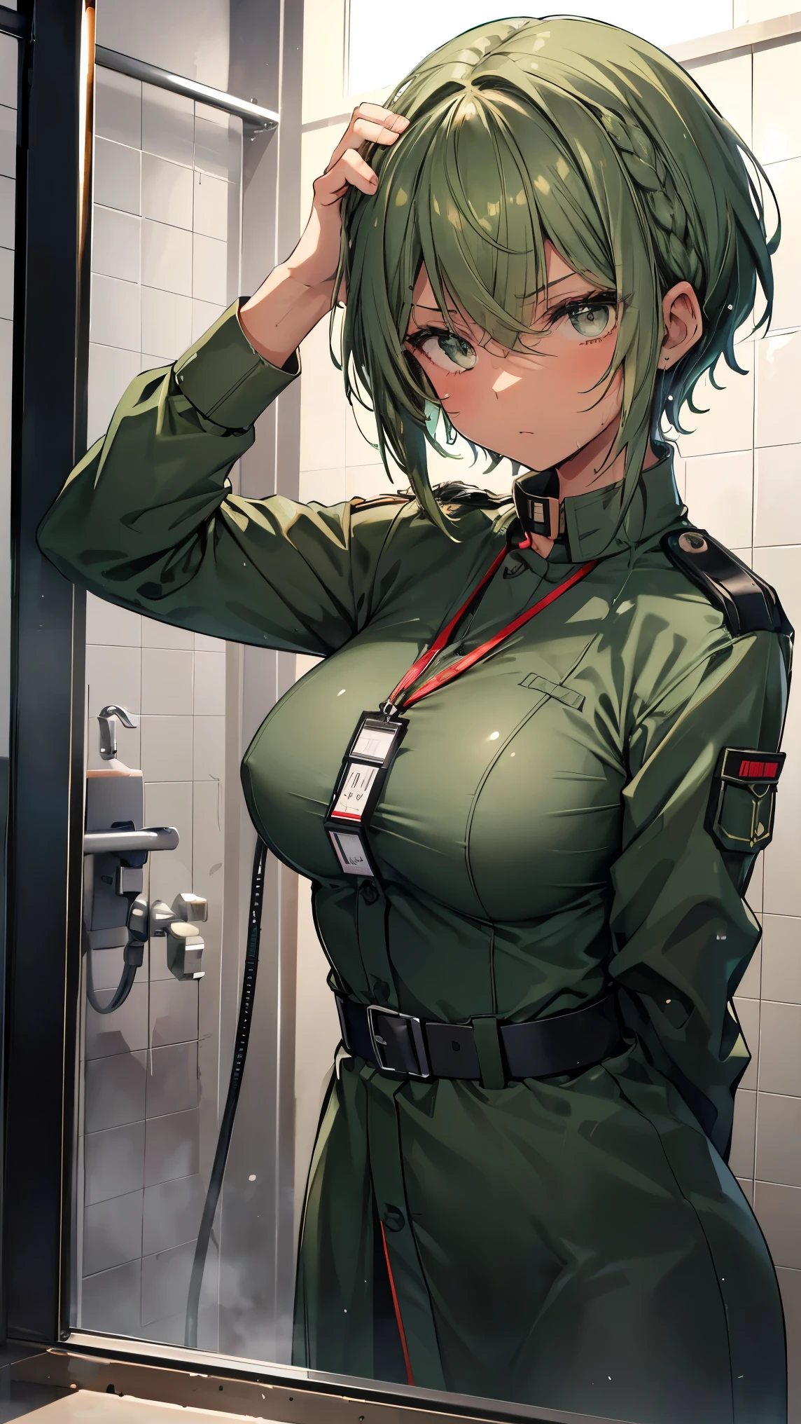 High resolution,high resolution,Girl,(Unshaven,Braiding,Dark green hair,Short Hair,),Grey Eyes,Slanted Eyes,Bad mood,Brown skin,boyish,slender,Military Suits,shower room,Soldier,naked,Dog Tags,I take a shower,Large Breasts,Wet with water,Hands on head,,