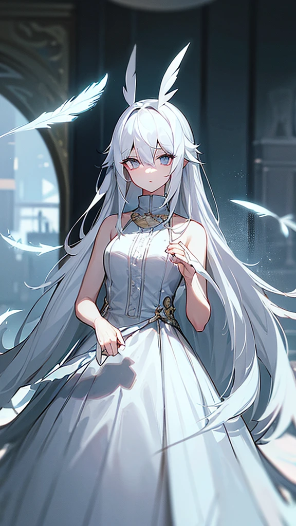 Long white hair　Right eye is gold　Left eye is silver　The right eye is hidden by hair　god々A beautiful white dress　Big feather