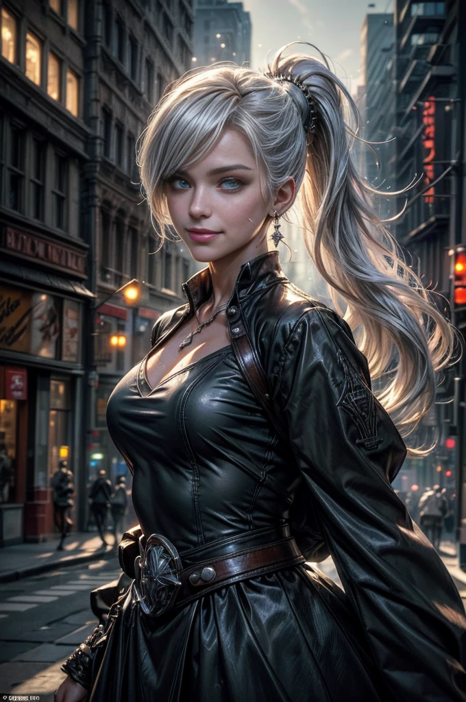 (masterpiece, best quality:1.2), cowboy shot, weissvale, smile, closed mouth, looking at viewer, long white hair, side ponytail, scar above eye, scar below eye, military uniform,  jewelry, necklace, earrings, in city street (future_urban, crowd, (volumetric lighting), intricate details, tonemapping, sharp focus, hyper detailed 