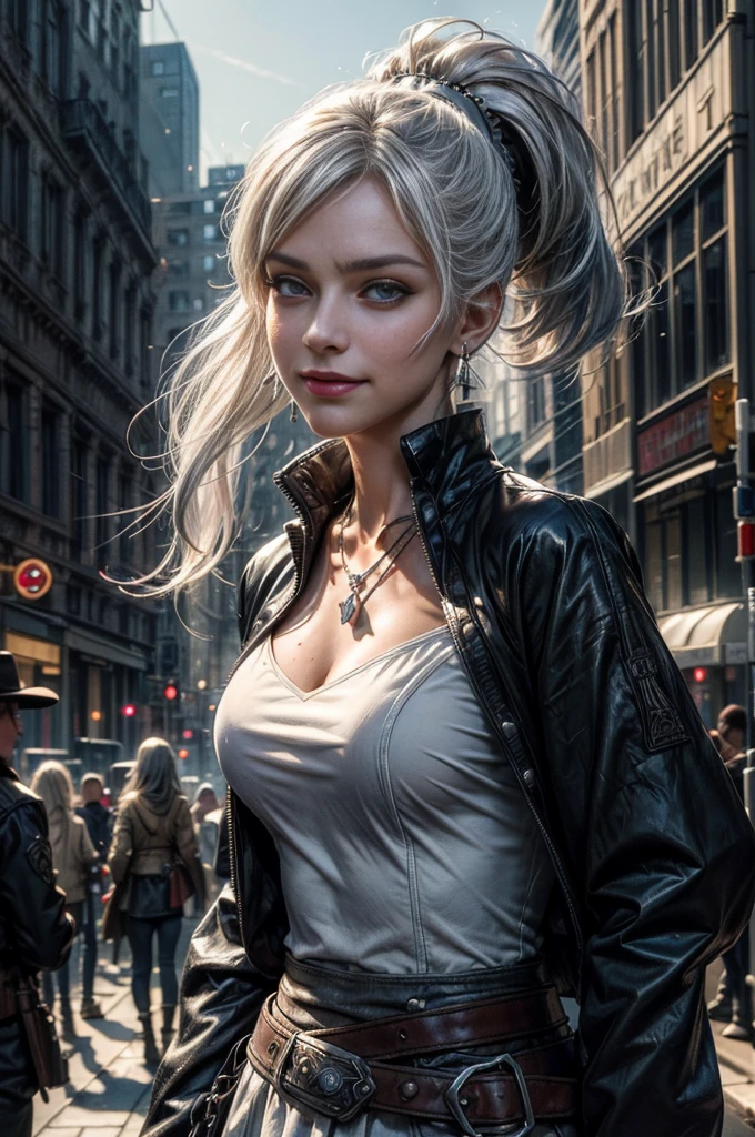 (masterpiece, best quality:1.2), cowboy shot, dynamic pose, weissvale, smile, closed mouth, looking at viewer, long white hair, side ponytail, scar above eye, scar below eye, military uniform, jewelry, necklace, earrings, in city street (future_urban, crowd, (volumetric lighting), intricate details, tonemapping, sharp focus, hyper detailed