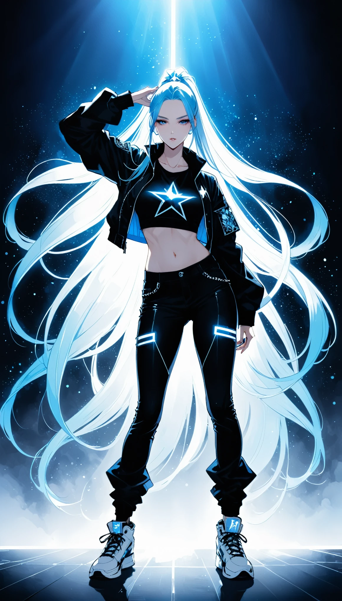 (in style of Harry Clarke:0.4)，in style of Santiago Caruso,in style of Mike Azevedo，1girl，Sexy hip-hop style clothing，Dynamic poses，Hip-hop pose，superstar,High Ponytail，Unbelievably long hair,衍射darkblue to light blue,Self-luminous，A dominant high-contrast proposition