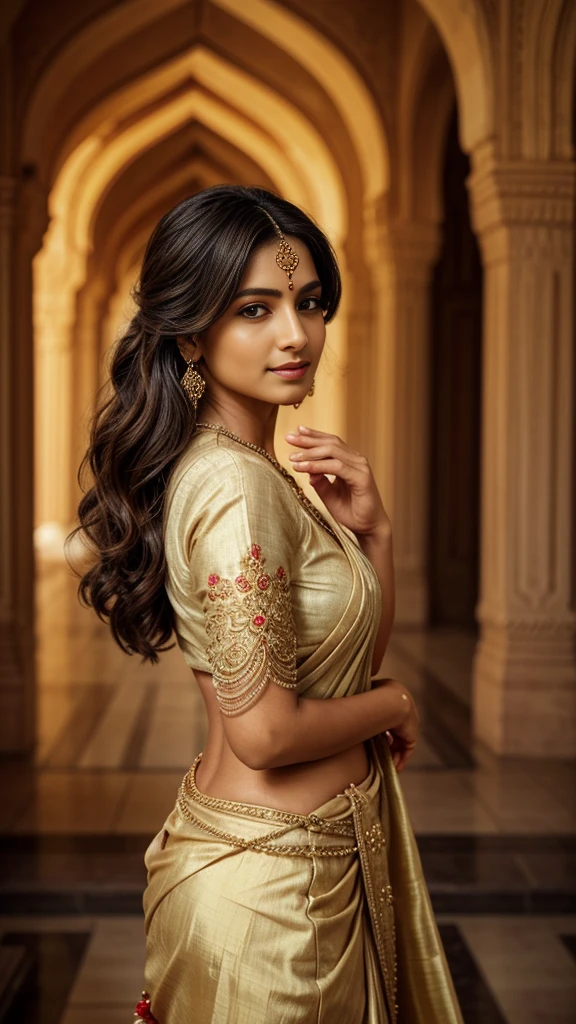 "An image unfolds in front of your eyes, capturing the essence of timeless grace and spirituality. In the heart of India, a woman in her forties stands before you, a symbol of the country's rich cultural heritage. Her appearance is a testament to the enduring beauty of Indian traditions. Her hair, a deep, lustrous black, cascades down her back in voluminous, elegant curls. The tendrils frame her face, accentuating her warm, expressive eyes. Her face carries the wisdom of her years, etched with the lines of a life well-lived. Her skin is a rich, warm tone, evoking the sun-kissed hues of her homeland. The woman is draped in the finest of traditional Indian attire. A saree, the epitome of grace and femininity, drapes her form. Its fabric is a rich, vibrant color, perhaps a deep crimson or a royal blue, adorned with intricate patterns and embellishments. The saree flows elegantly from her shoulders, caressing the ground as she stands. Her blouse, a perfect complement to the saree, is intricately designed with delicate embroidery and beadwork. The traditional attire is not just clothing; it is an embodiment of India's cultural heritage and a reflection of her own inner strength and beauty. Her hands are brought together in front of her chest in a gesture of prayer, the palms gently pressed against each other. This 'Namaste' gesture is not just a greeting; it is a profound acknowledgment of the divine within oneself and in others. Her fingers, adorned with intricate henna designs, touch with reverence. In the backdrop, the Taj Mahal, one of the most iconic monuments in the world, stands as a testament to eternal love. Its pristine white marble glistens in the soft, golden light of the setting sun. The intricate details of its architecture are a marvel to behold, with delicate minarets and ornate domes. The Taj Mahal appears almost ethereal, its grandeur a perfect complement to the woman's elegance.