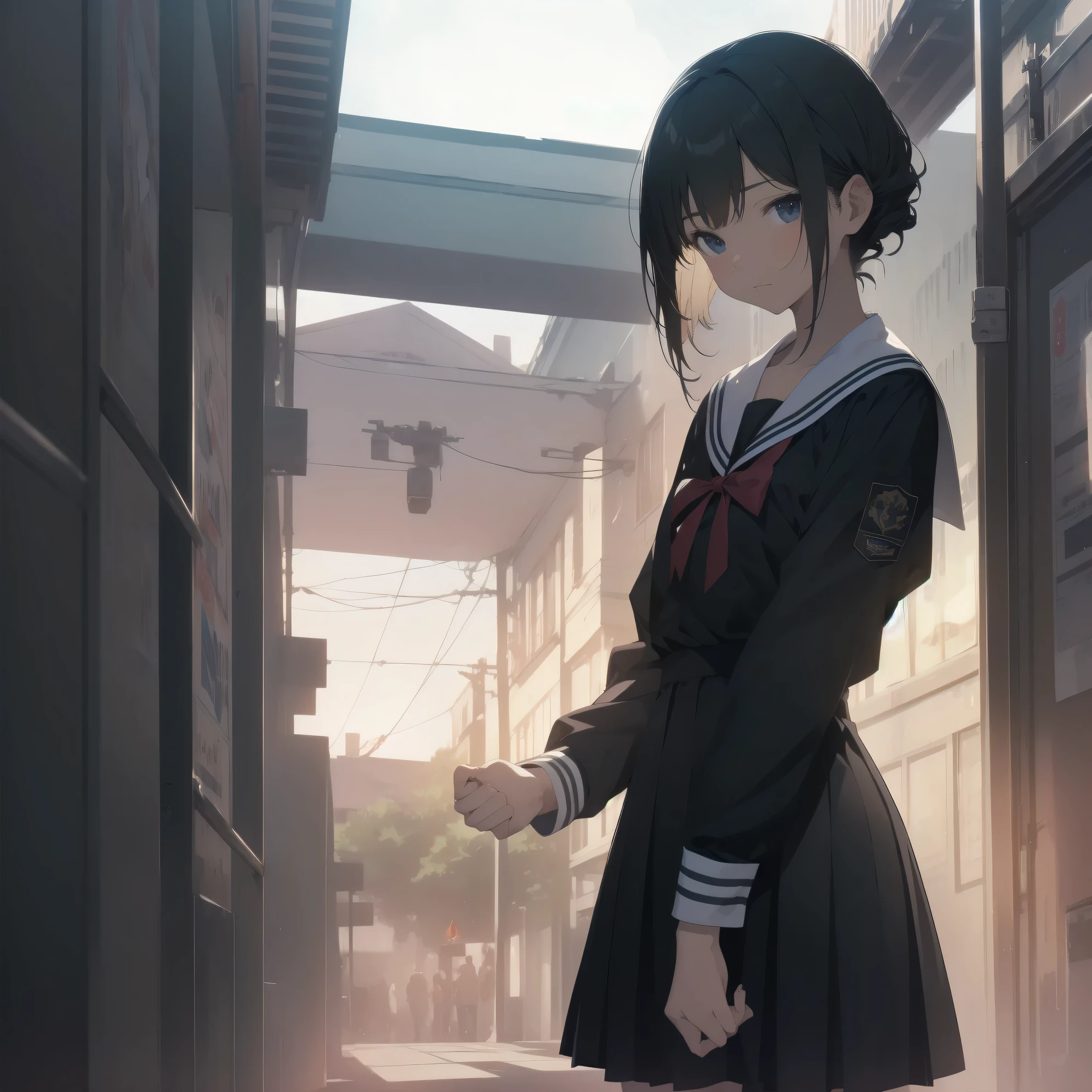 ultra-absurdres-Top quality by artist God, ultra-detailed, high resolution, anime moe artstyle, best anime 8k konachan wallpaper, pixiv contest winner, pool:2810, perfect anatomy,break, 1girl, (Please draw a girl walking sleepily to school alone. )break,(Solo,little female, 13-year-old:1.3),Full limbs, complete fingers,a junior high school student, (very short hair), short cut, flat chest, , small butt, small black eyes, beautiful detailed eyes, well-proportioned iris and pupils, expressive eyes, highres detailed hair, soft expression, salor school_uniform, sailor collar, serahuku, bow, pleated skirt,(Detailed Lighting), (Detailed background), in the School commute route. break,super detailed skin, Best cinematic lighting powered by famous artist, 8k,beauty illustration,photoshop_(medium),very aesthetic,break,((artist:zen_(kamuro) )), artist:clamp ,artist:carnelian ,artist:kantoku ,
