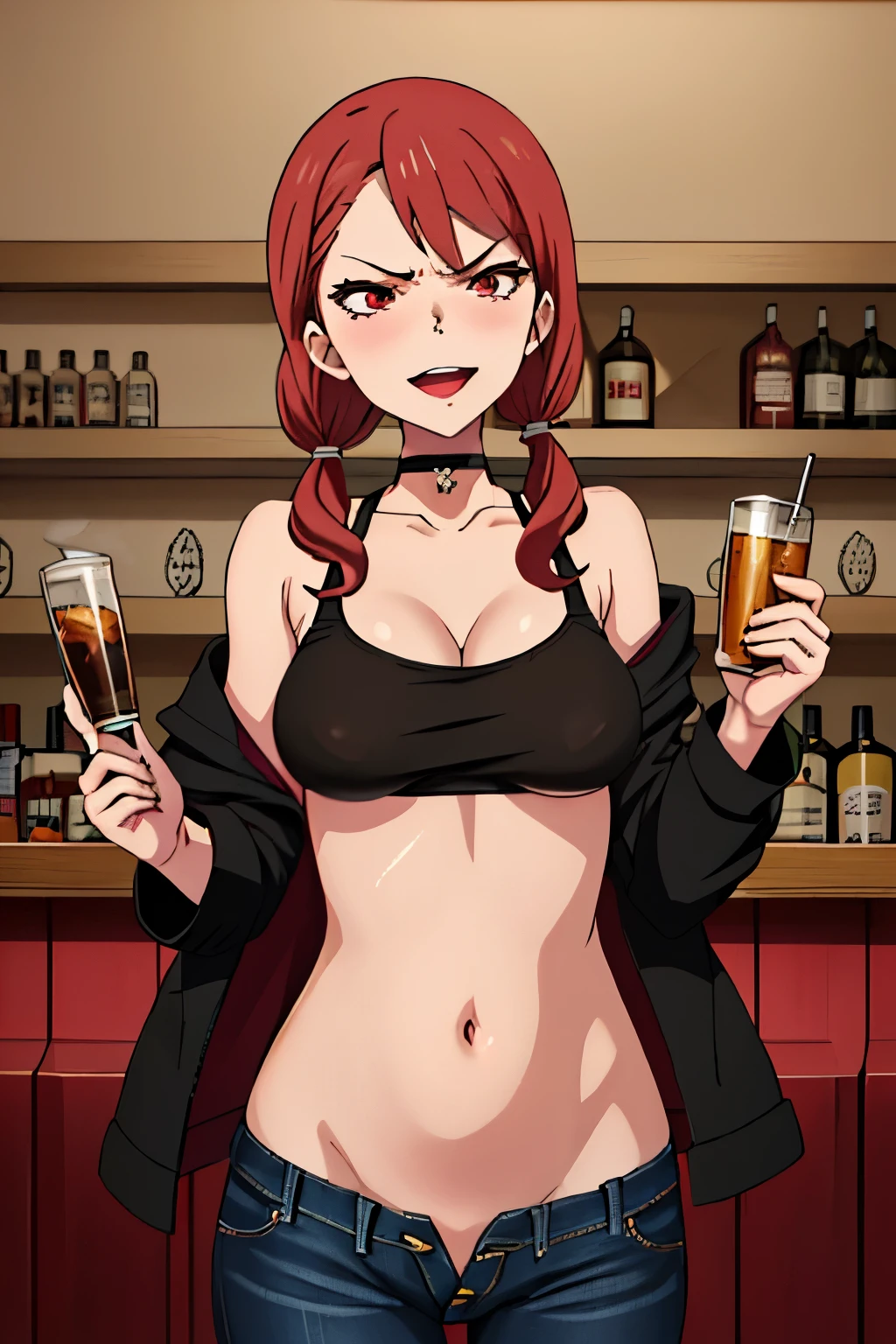  {sarina_shizukume_mahoushoujosite:1.15}, red_hair, twintails, red_eyes, long_hair, anime_coloring, brown_eyes,medium breast, choker, necklace, lipstick, blush, Hot girls, baddie, staring, glaring, bad attitude, mean girl, crazy, smoking, sensual, attractive, bar background, inside bar, indoor, masterpiece,high quality,4k, bare shoulder,belly,crop top,holding pistol,cleavage,casual dress, bar background, inside bar, indoor,smile, open mouth, (nsfw) not safe for work, evil expression, exposed belly, exposed navel, exposed midriff, exposed lower belly, crop top overhang, underboob,jacket, unbuttoned jeans , low rise black jeans, Low rise jeans, Low rise jeans with open fly, 