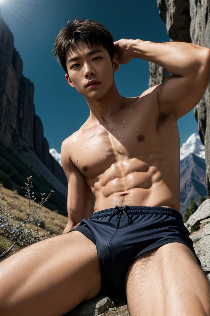 Masterpiece, best quality, high resolution, close up portrait, focus man, Focus only, Young Asian Man, pretty shirtless Sweating hairy guy hiking, Looking down at the camera angle, bleached blonde hair, 25 years old, Hiking and climbing, View from below, dirty, close up, Interesting view., thin and lean body, The face is beautiful, cute and masculine., Beaming, สวมเป้เดินป่าจ็อกสแตรปสีขาวdirty, Spread legs, dirty, Sweating, Hairy legs, thin, half naked, bare chest, There are mountains in the background., hiking trail, outdoor, View from below, amazing composition, HDR, Volumetric light, Special quality, elegant, Highly detailed
