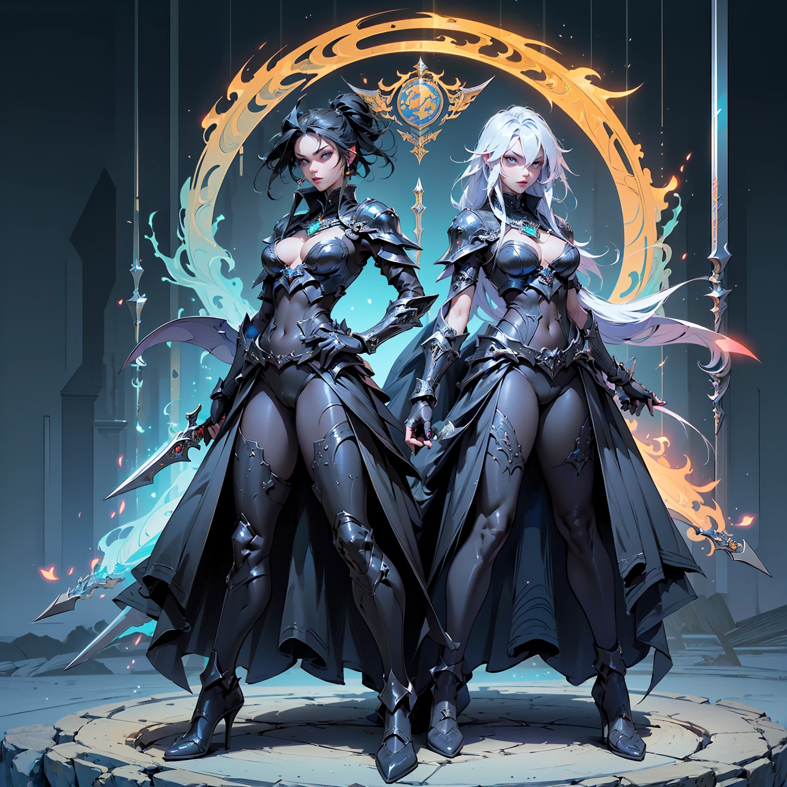 (((masterpiece, best quality, high detailed, 8k))) Design a layout showcase Gaming character, (1girl). Black dragon armor, extremely detailed, stylish and unique. ((showcase weapon:1.4)), shield and sword, with a black fire aura. (masterpiece:1.2), (best quality), 4k, ultra-detailed. (Step by step design, layout art:1.5), (luminous lighting, atmospheric lighting). dragon warrior, ((glove full hands)), (((revealing clothes:1.3))), vambraces, armored legwear, (((full_body_shot:1.4))). {In a fiery battlefield}